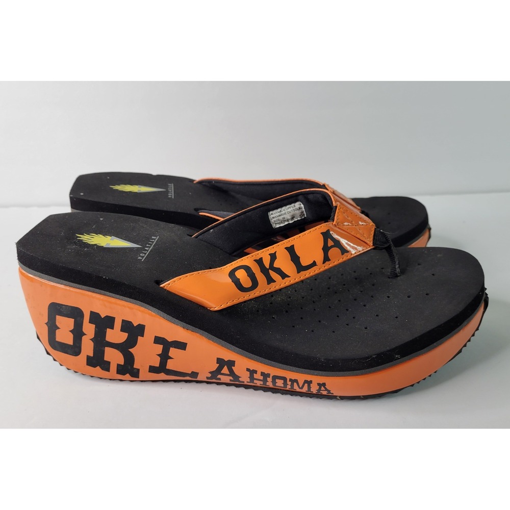 Volatile Oklahoma Platform Flip Flops Orange Black Wedge Sandals Womens 10 - Picture 3 of 5